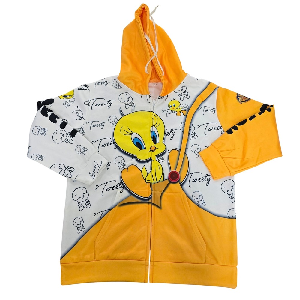 Looney Tunes Tweety Bird Zip Up Hoodie Yellow White All Over Print Mens‎ M NWOT